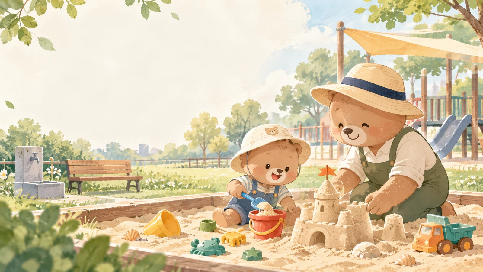 小熊親子一起在沙坑挖沙堆城堡的原始插畫,非場館實景