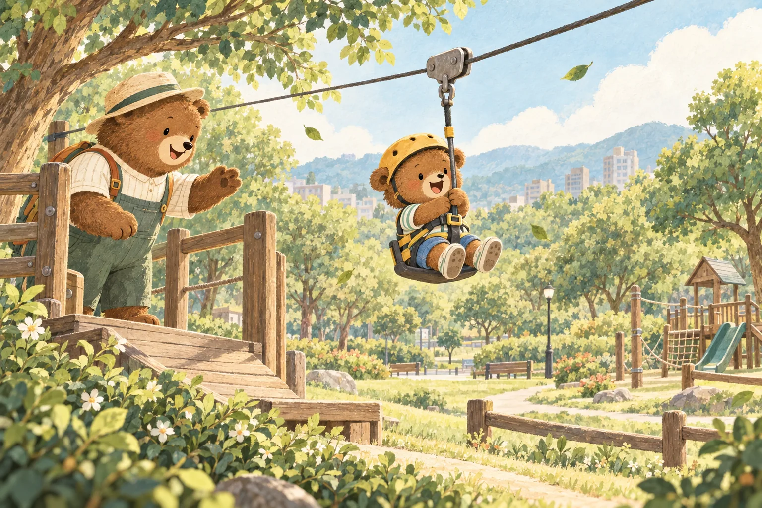 BabyKaka 原創繪本插畫:照顧者陪伴孩子體驗公園座式滑索,非場館實景